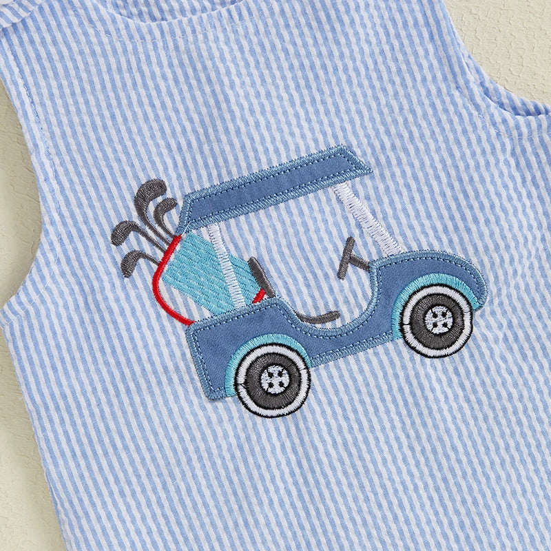 Detail of the embroidered golf cart on Hitting the Links, Baby! Boys Golf Cart Romper - Blue Stripe Seersucker, ideal for young golfing enthusiasts.