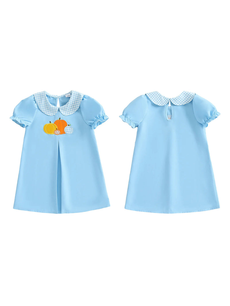 Back and front view of the Pretty in Pumpkin Girls Embroidered Fall Dress in Newport Blue, showcasing its cute A-line silhouette and puff sleeves, ideal for fall festivities.