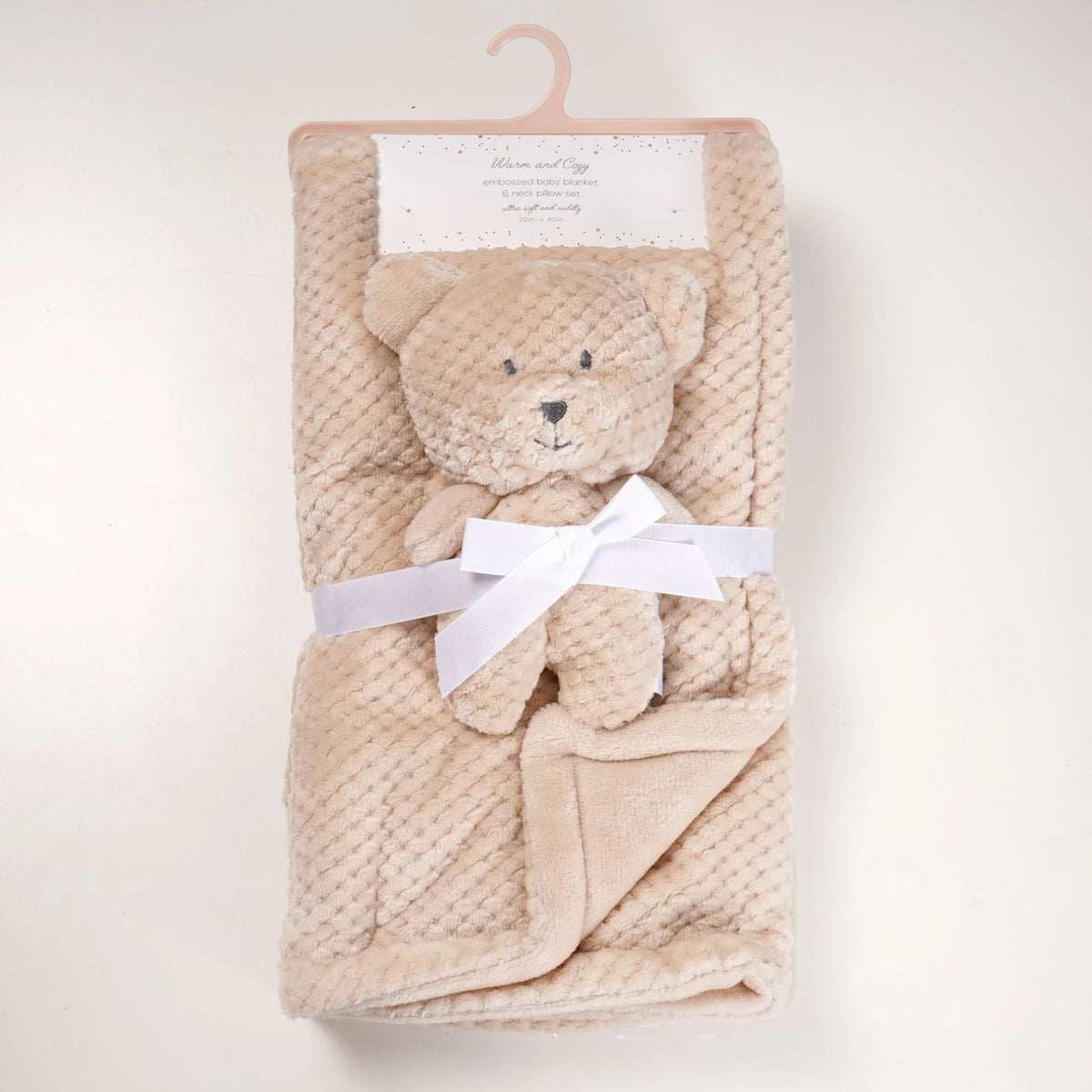 Beige 2-piece baby blanket set with a plush teddy bear on a soft waffle-knit blanket.