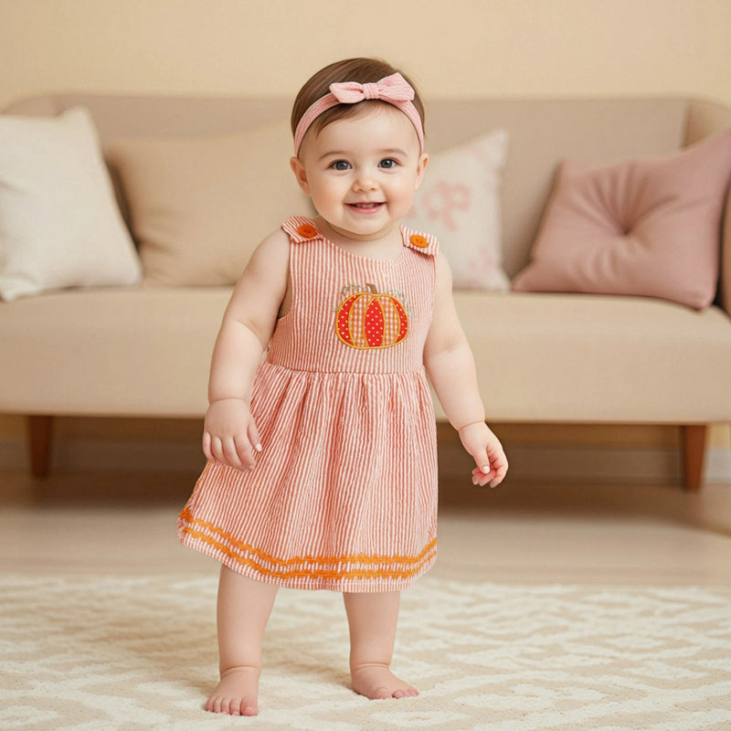 "Seersucker Pumpkin" Embroidered Sleeveless Dress
