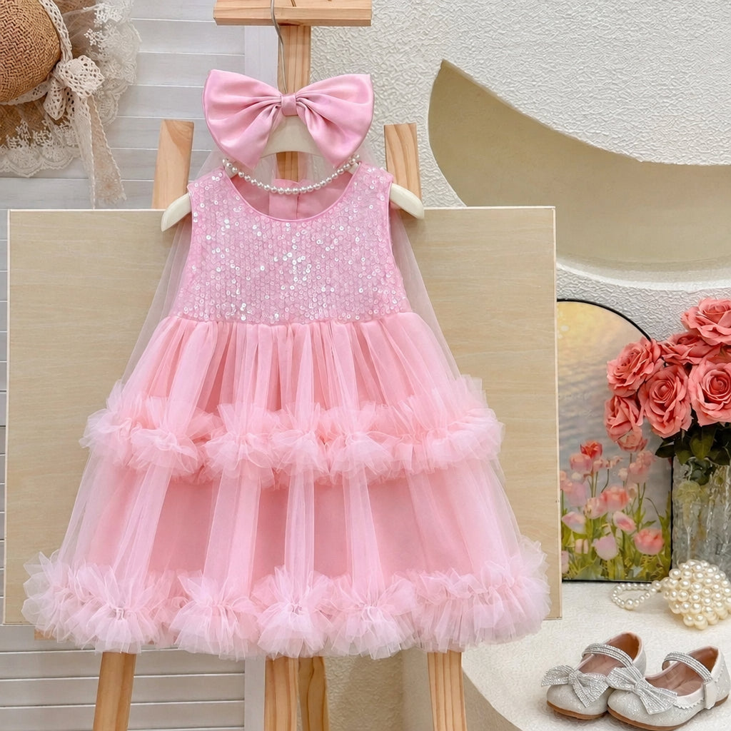 A pink sleeveless baby girl's party dress with a sequined bodice, a large matching pink bow, and a tiered tulle skirt, displayed on a wooden stand.