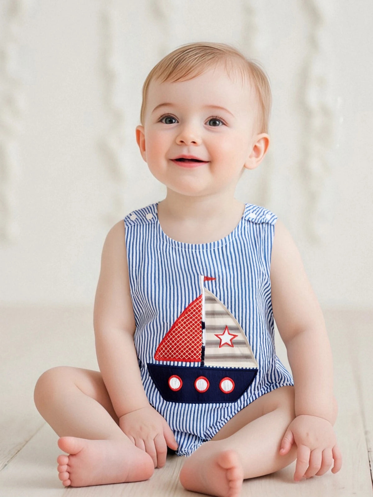 Little Sailboat Embroidered Boys Sleeveless Bubble - The Palm Beach Baby Estimated 12 - 20 Day Shipping