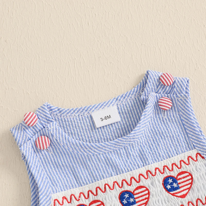 Close-up of the buttons on the 'Patriotic Cutie' Striped Sleeveless Baby Romper, highlighting easy snap closures for dressing.