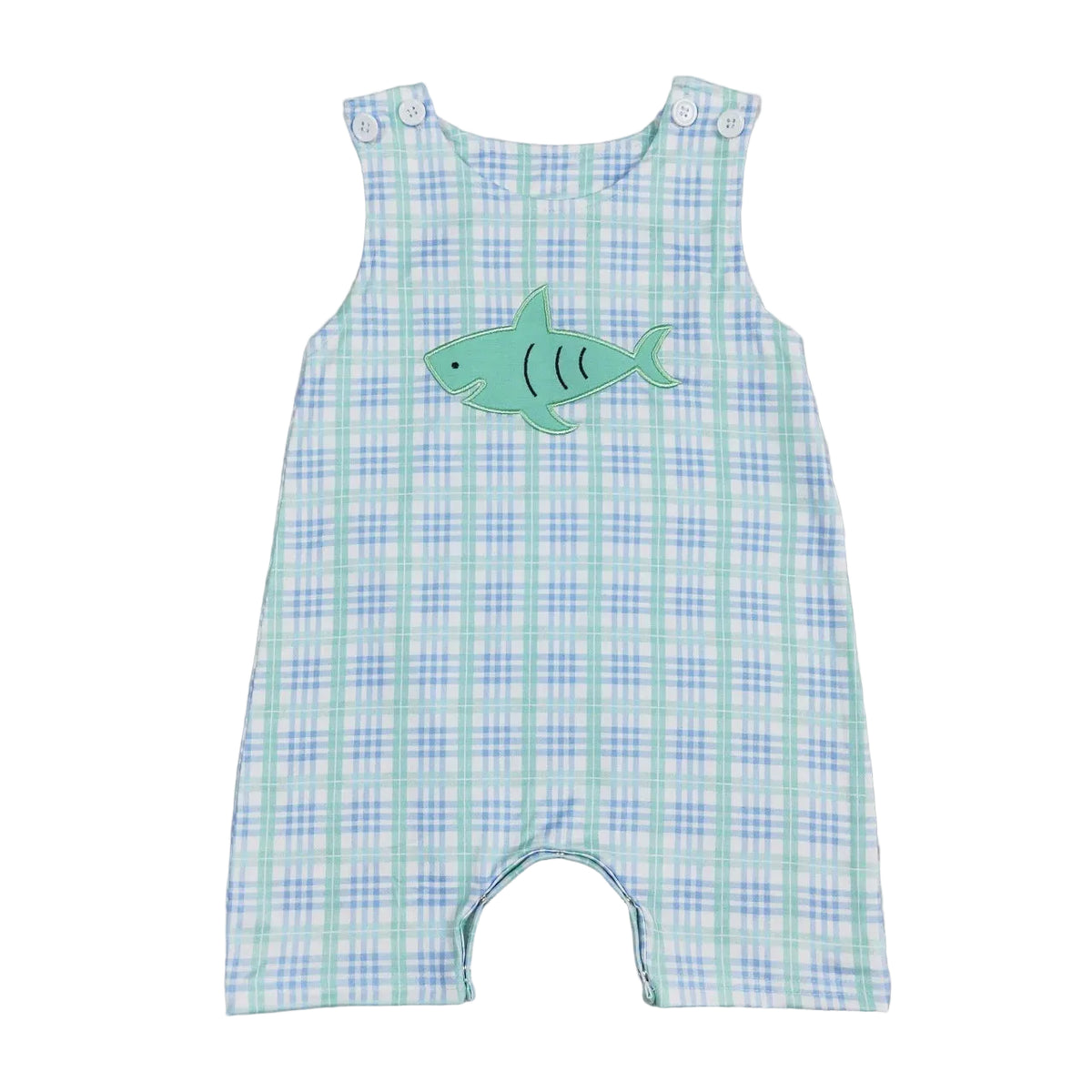 Pastel plaid baby romper with mint fish applique, sleeveless shoulders with buttons, lightweight for newborn to 2T