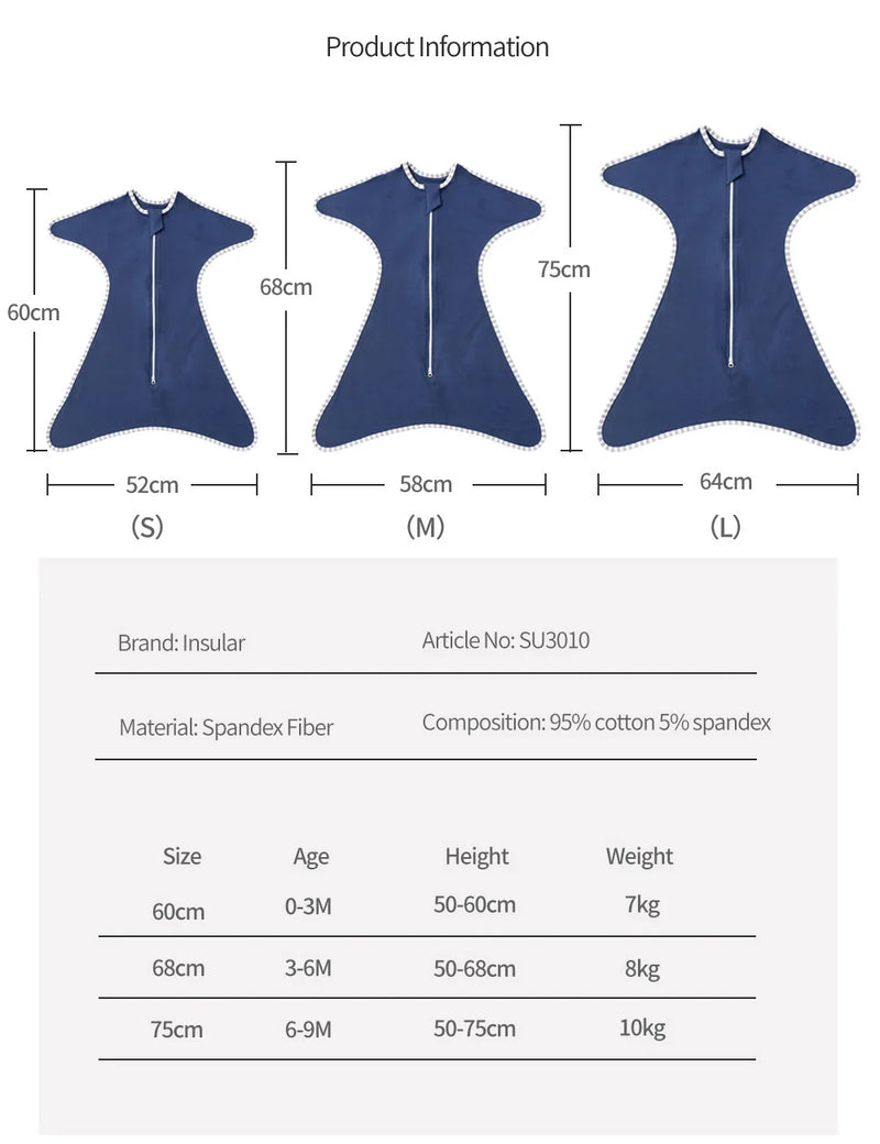 Product information display for different sizes of the Cozy Cotton Anti-Kick Calming Baby Sleeping Sack.