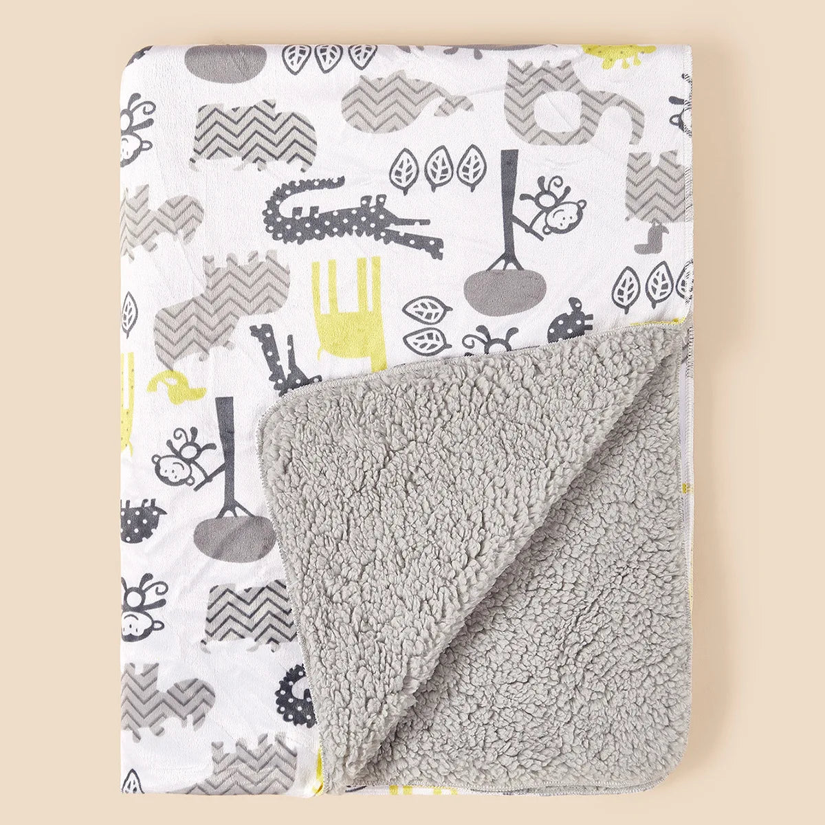 Lightweight ultra-soft children's micro-plush reversible blanket with 4 colorful animal prints and sherpa reverse.