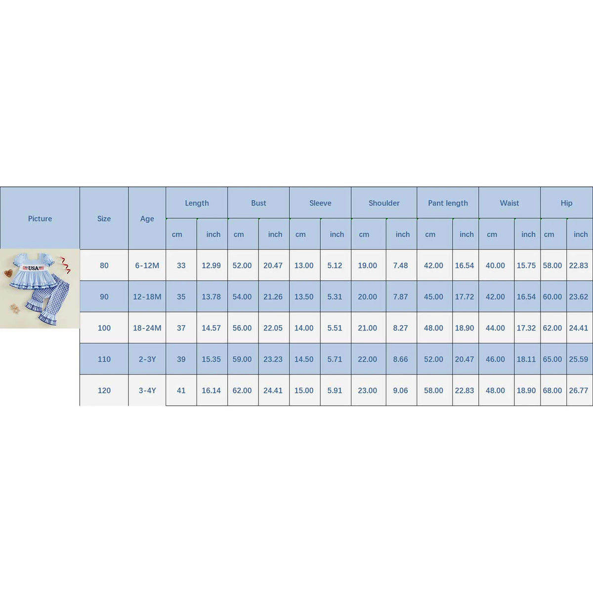Measurement chart for children's clothing with sizes 80 to 120, including measurements for length, bust, sleeve, shoulder, and waist.
