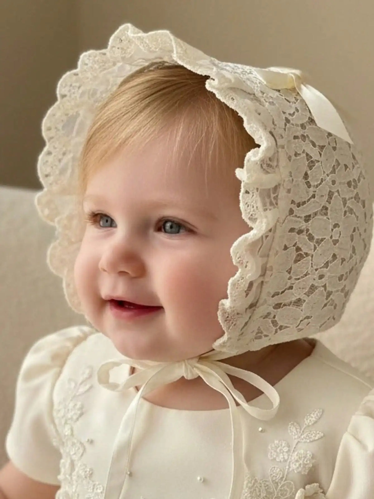 Penelope Ruffled Lace Embroidered Flower Baby Bonnet - 2 Color Options