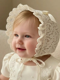 Penelope Ruffled Lace Embroidered Flower Baby Bonnet - 2 Color Options