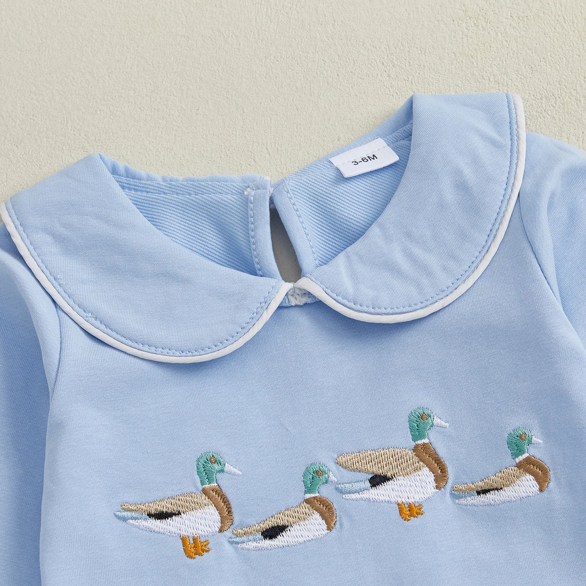 Little Ducks Preppy Boca Blue Romper for Babies - Long Sleeved with Peter Pan Collar