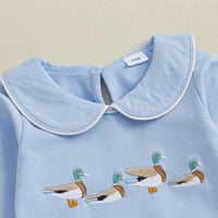 Little Ducks Preppy Boca Blue Romper for Babies - Long Sleeved with Peter Pan Collar