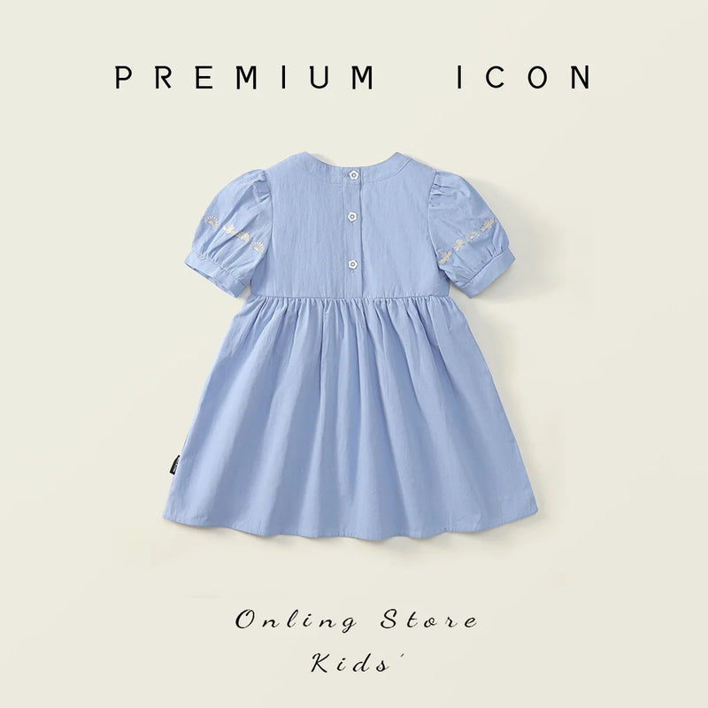 Back shot of the Pretty In Blue Embroidered Dress for Girls - Short-Sleeved Party Dress emphasizing the lovely button detailing and flowing design.