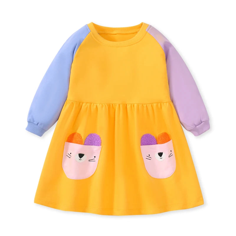 Colorful girls dress featuring a vibrant yellow bodice with a playful bunny design, perfect for ages 2-12.