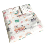 Dotted Minky Blanket in Colorful Prints, 100 x 75 cm; lightweight polyester/cotton with trains, rainbows, clouds.