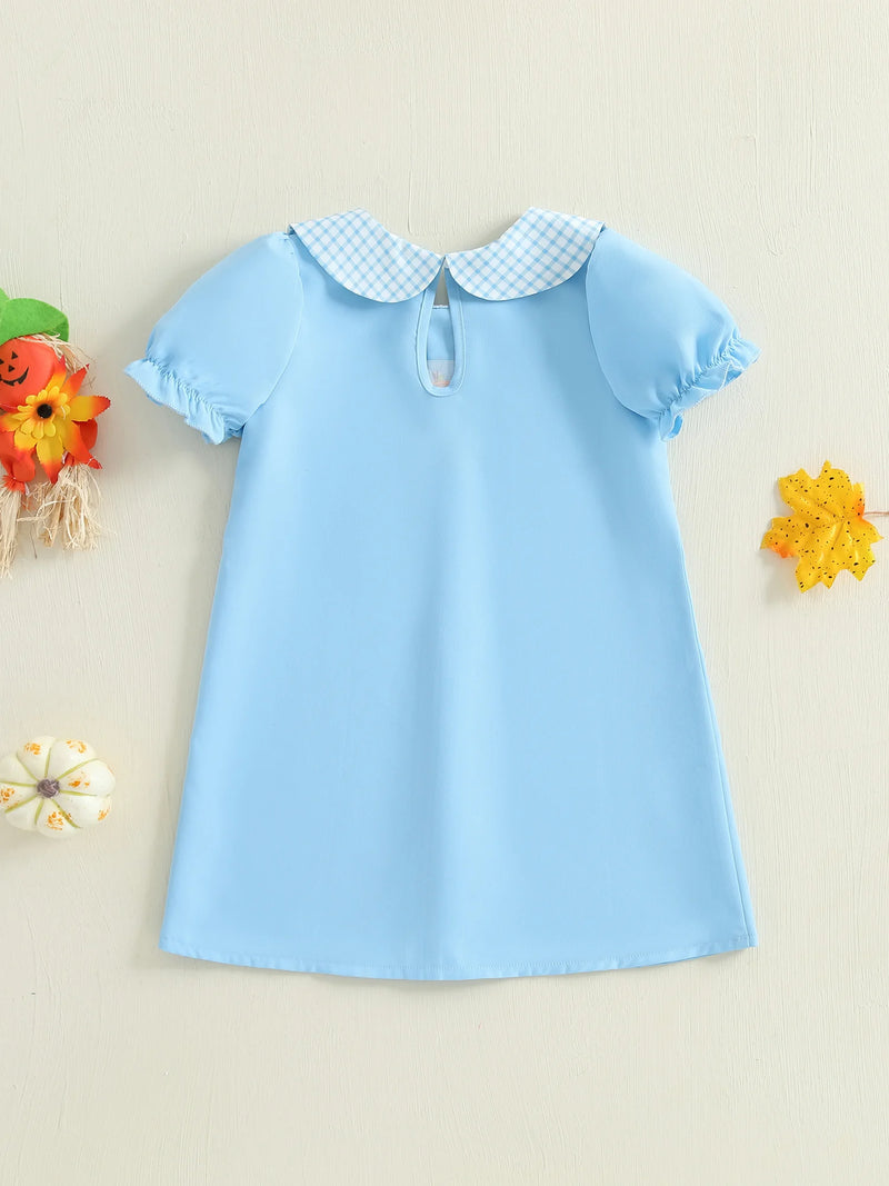 The back view of the Pretty in Pumpkin Girls Embroidered Fall Dress - Newport Blue with a checked collar, a perfect choice for little girls celebrating autumn.