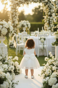 A toddler girl seen from behind wearing a white sleeveless tulle flower girl dress with a large bow on the back, standing barefoot in a bright white room.