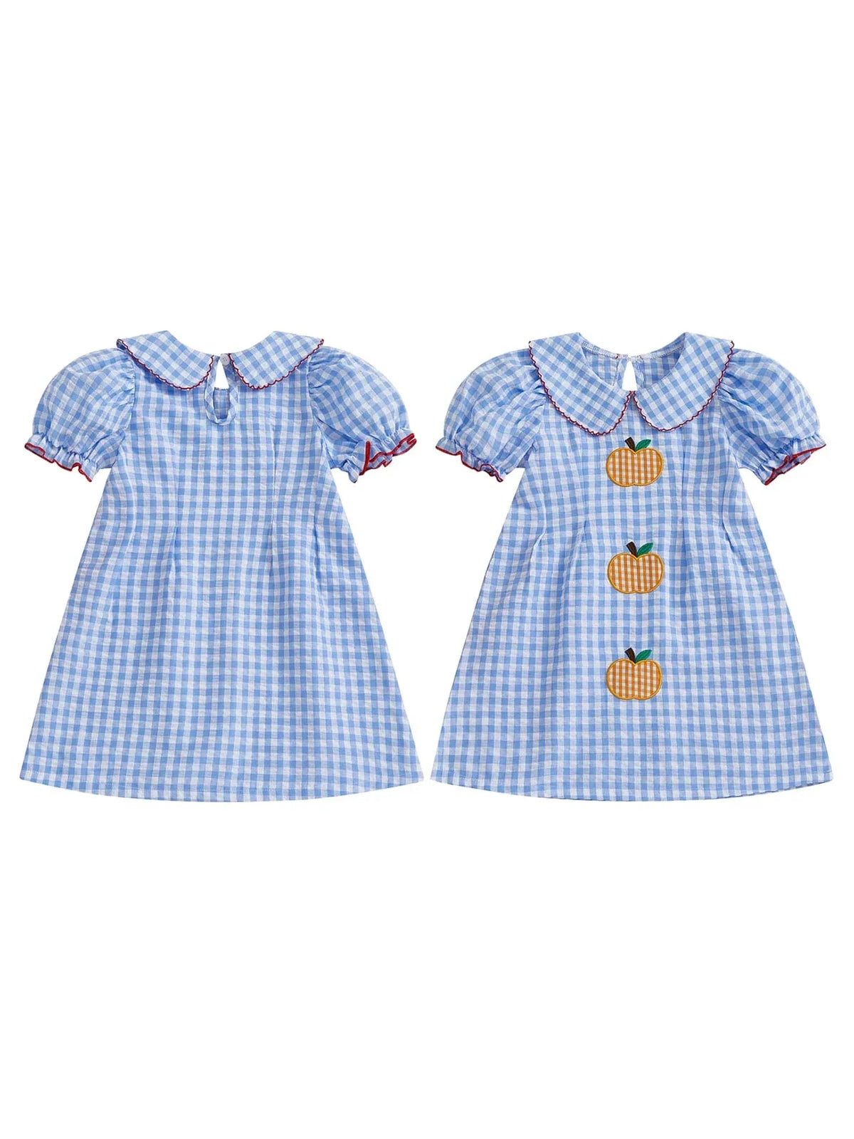 Adorable "Pumpkins and Checks" Girls Fall Dress - Newport Blue - The Palm Beach Baby
