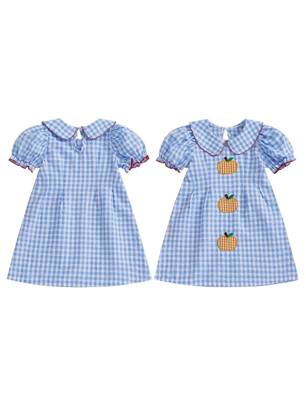 Adorable "Pumpkins and Checks" Girls Fall Dress - Newport Blue - The Palm Beach Baby