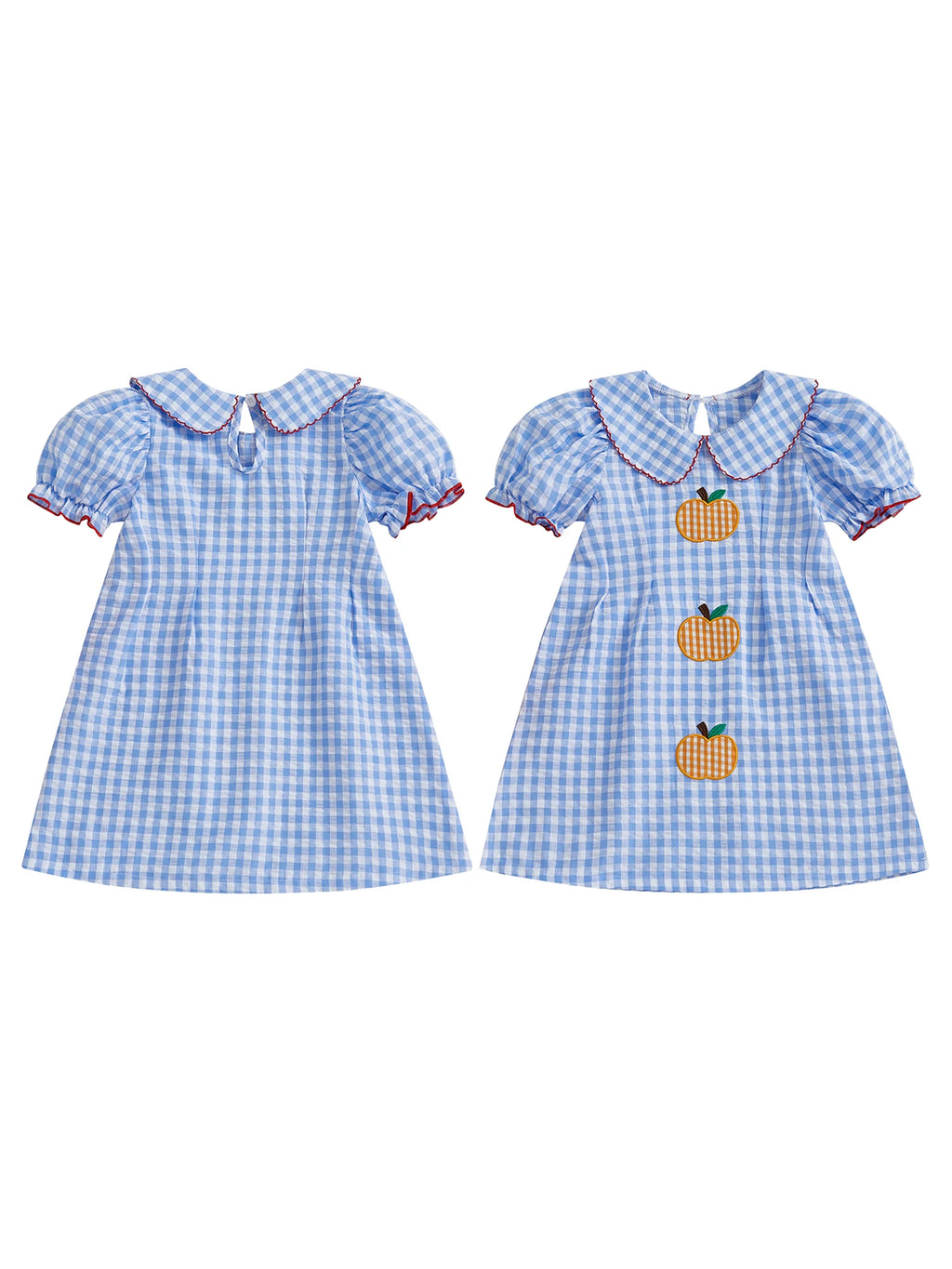 Adorable Pumpkins and Checks Girls Dress featuring a Newport blue and white check pattern with embroidered pumpkins, perfect for toddlers aged 2 to 6.