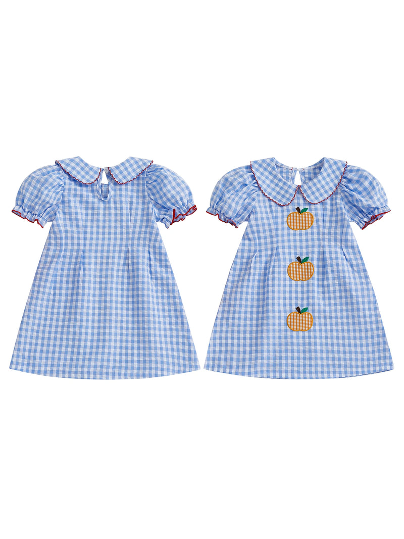 Adorable Pumpkins and Checks Girls Dress featuring a Newport blue and white check pattern with embroidered pumpkins, perfect for toddlers aged 2 to 6.