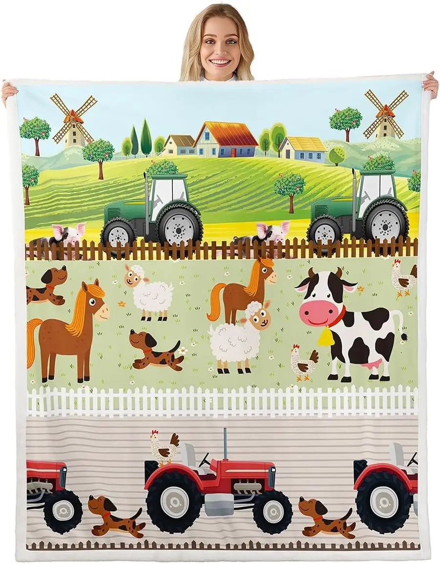 Jungle Rumble Double Sided Childrens Blanket Spring/Fall with farm scene, tractors and farm animals.