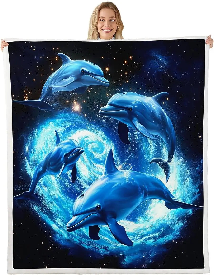 Jungle Rumble double-sided children's blanket Spring/Fall with blue dolphins in a space swirl design