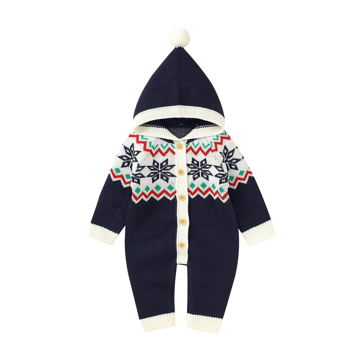 Festive winter knit romper with a reindeer character, suitable for children, showcased with a playful hat, from the 'Winter Sweeties' collection.