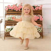 Toddler girl wearing a gold sequined bodice dress with a tiered cream skirt and detachable bow, set against pink roses.
