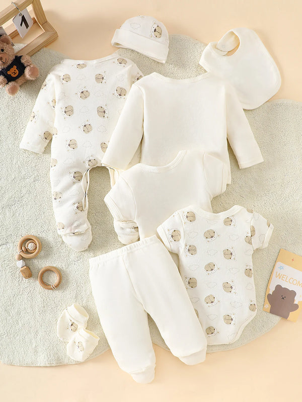 Little Bear beige 8-piece newborn romper set, 100% cotton; bear-pattern footed sleepers, hat, bib and bodysuits.