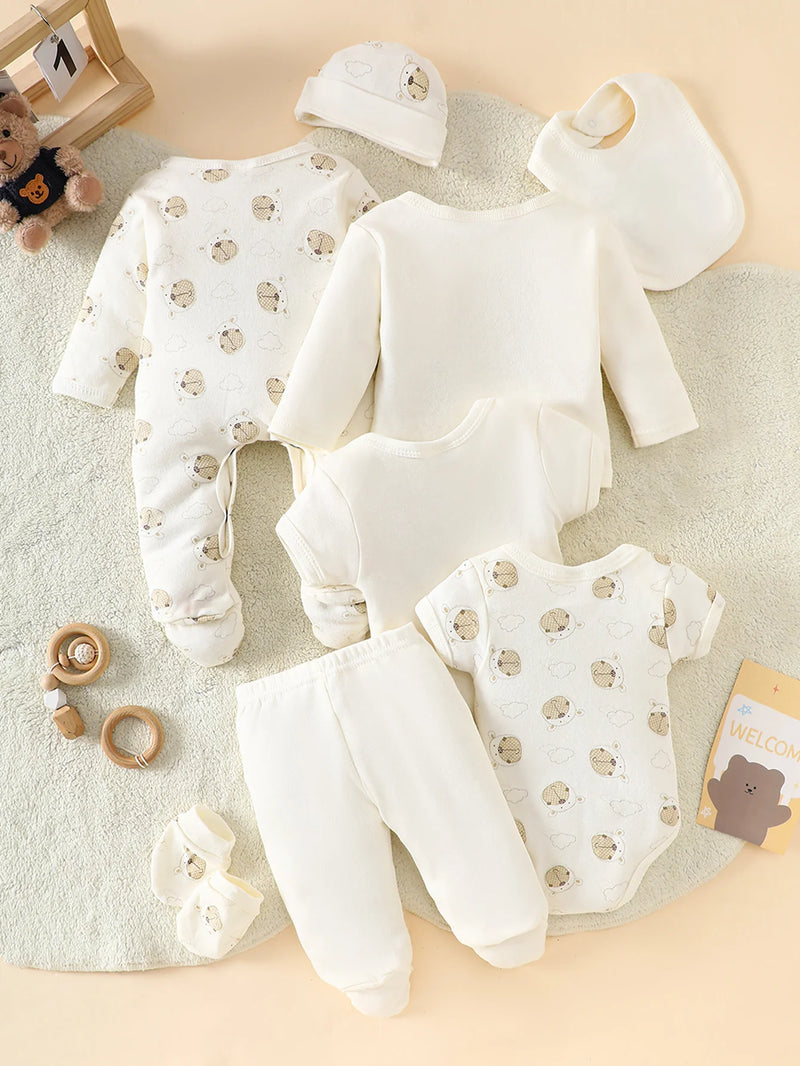 Little Bear beige 8-piece newborn romper set, 100% cotton; bear-pattern footed sleepers, hat, bib and bodysuits.