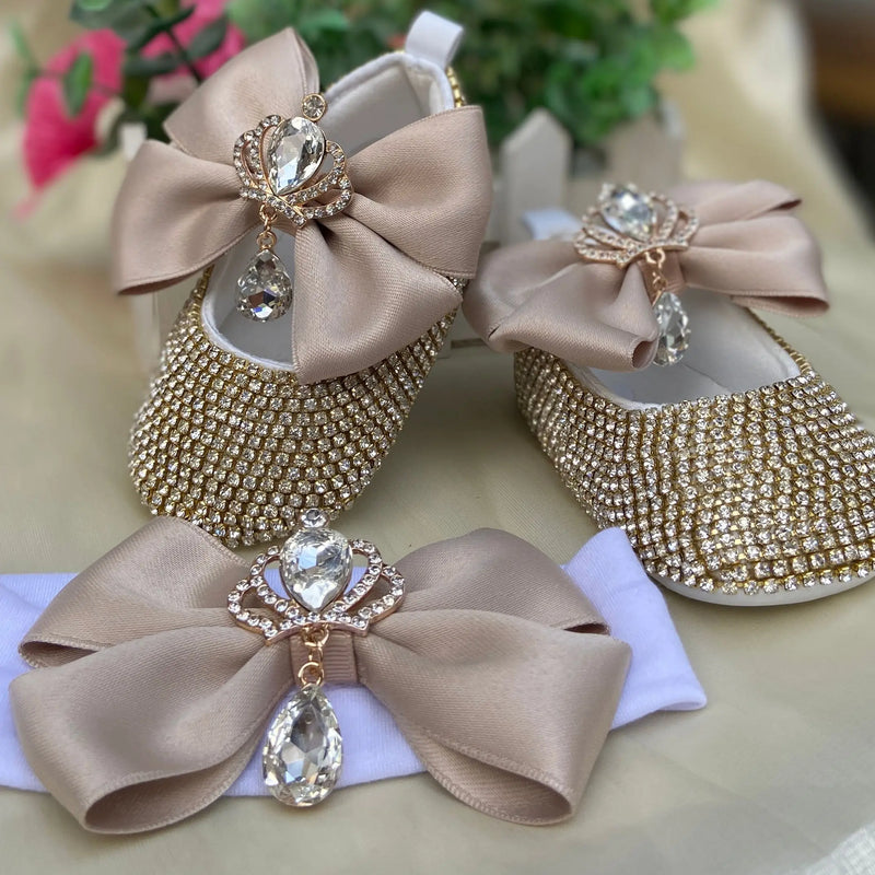 Luxurious Bling Shoes and Headpiece Set - Crown Beige