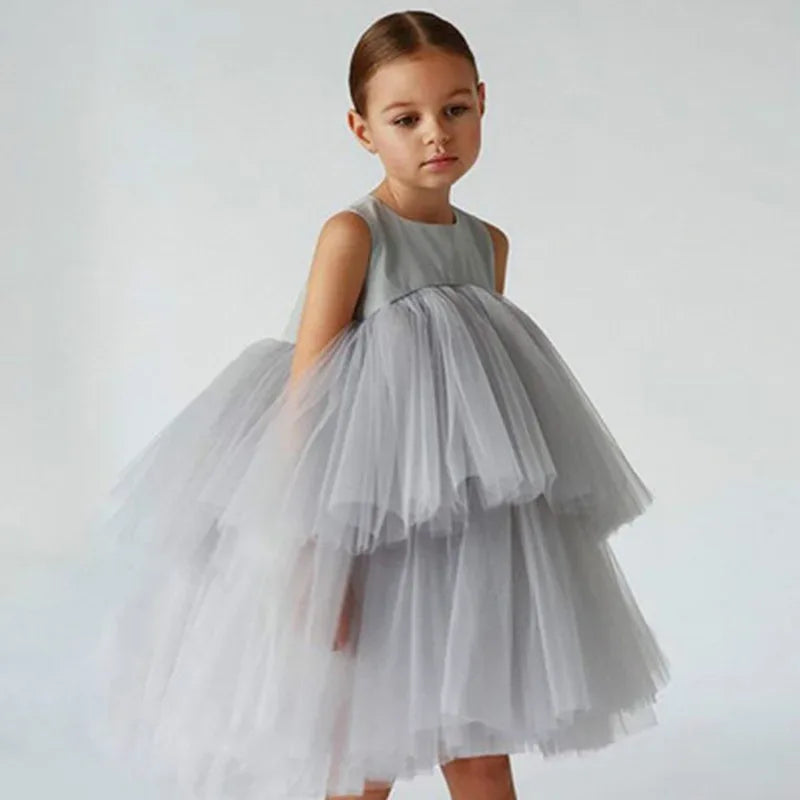 Girls gray sleeveless party dress with layered tulle skirt for toddlers and kids
