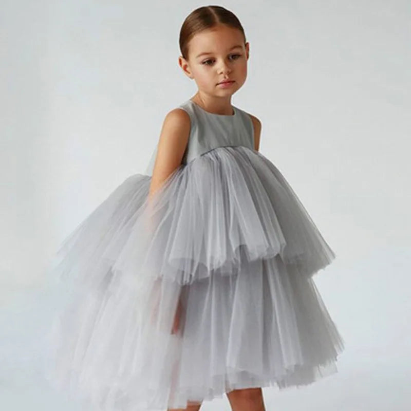 Cara Ann Girls Tiered Tulle Party Dress in light gray with empire waist and layered tulle skirt