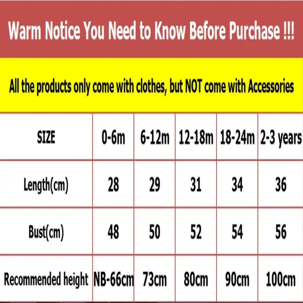 A size chart and warm notice graphic for clothing products. The top text says 'Warm Notice You Need to Know Before Purchase !!!' and 'All the products only come with clothes, but NOT come with Accessories.
