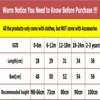 A size chart and warm notice graphic for clothing products. The top text says 'Warm Notice You Need to Know Before Purchase !!!' and 'All the products only come with clothes, but NOT come with Accessories.