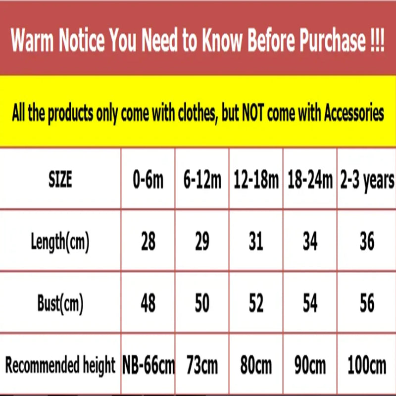 A size chart and warm notice graphic for clothing products. The top text says 'Warm Notice You Need to Know Before Purchase !!!' and 'All the products only come with clothes, but NOT come with Accessories.