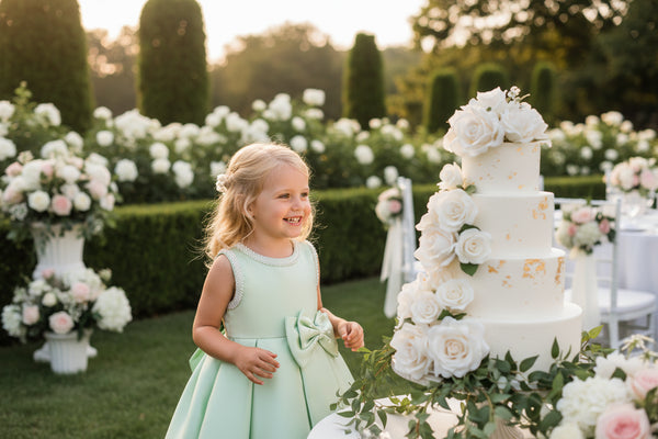 Heather Green Taylor Elegant Beaded Formal Party Dress for girls, beaded neckline and bow, knee-length pleated skirt.