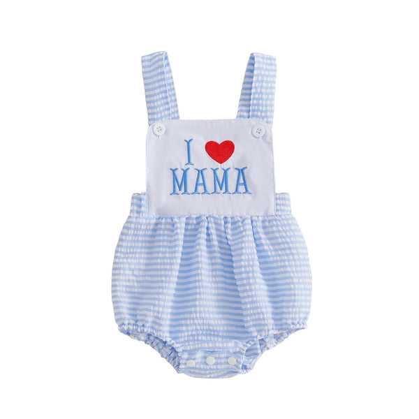 Bubble romper with blue stripes, white panel embroidered I ♥ MAMA, sleeveless, elastic waist, snap crotch.