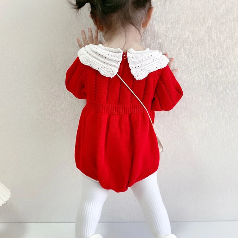 "Clara Elise" Red Knitted Baby's Romper