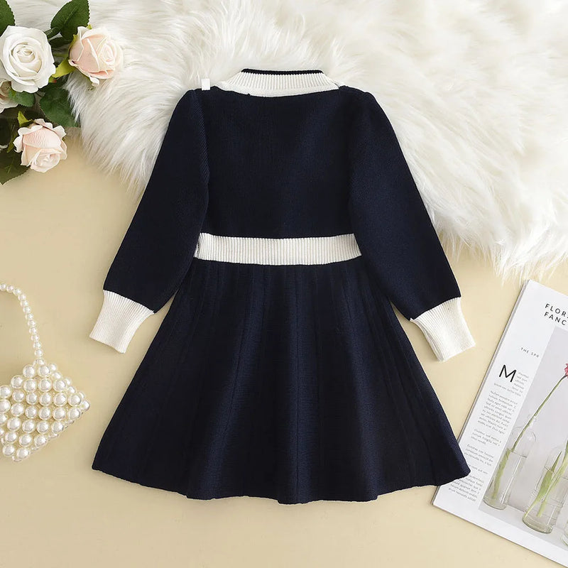Back view of the Chic Melinda Knit Dress in navy, showcasing its beautiful long sleeves and flared design.