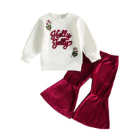 White "Holly Jolly" holiday pullover top with candy canes and red velvet bell bottom pants for toddler girls.