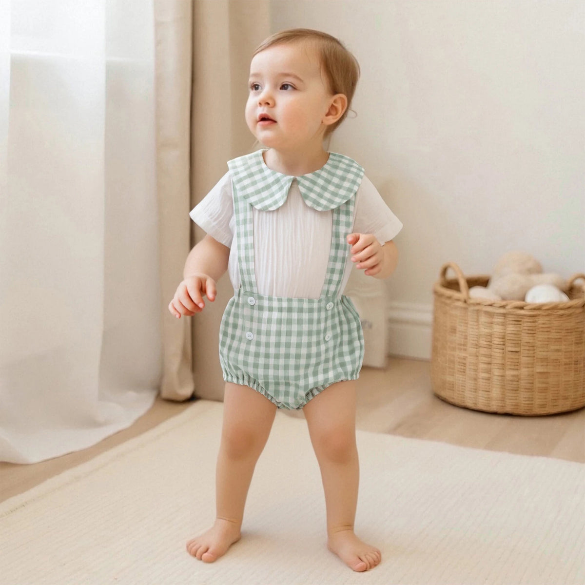 Carlton Check Romper And Shorts Outfit 2 Pieces for Boys in green gingham with a large collar and suspenders