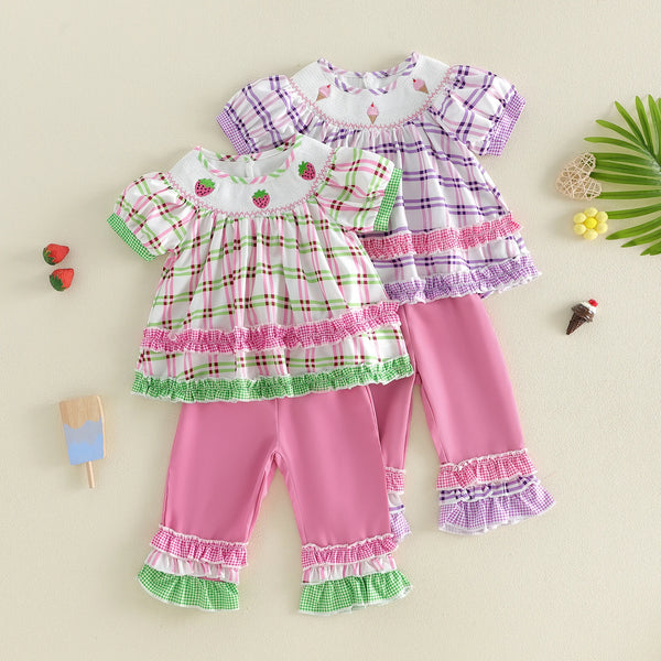 Frilly Boho Plaid Embroidered Little Girls 2 Piece Clothes Set, two designs with puff sleeves