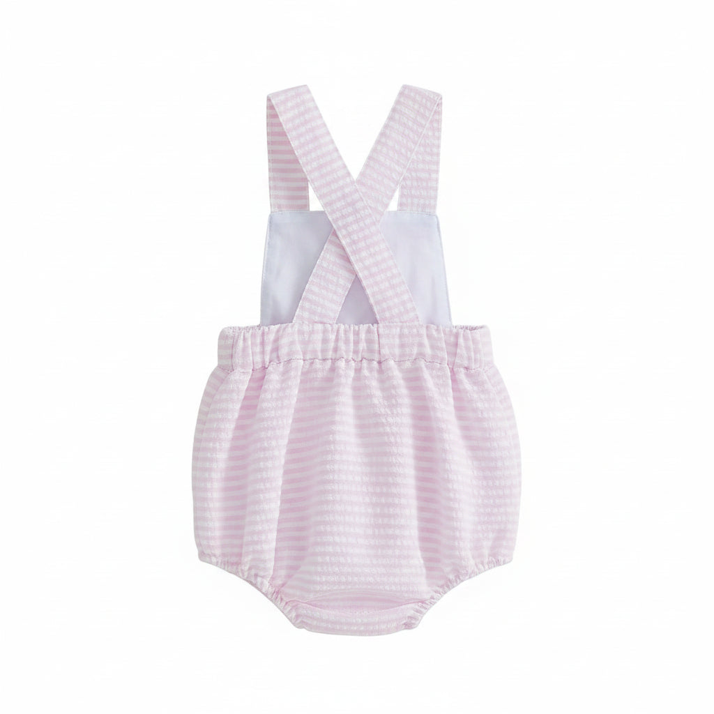 I Love Daddy Overalls Bubble pink gingham baby romper with cross straps and square neckline for newborns to 18 months.