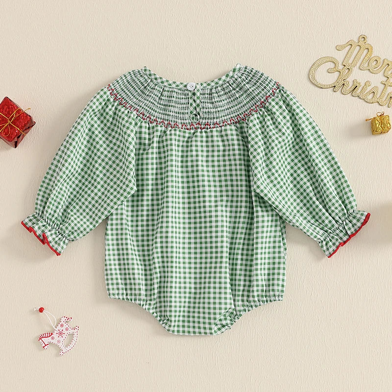 Green gingham Holiday Cuteness Smocked Baby Bubble featuring a round neckline and smocked detail at the chest.