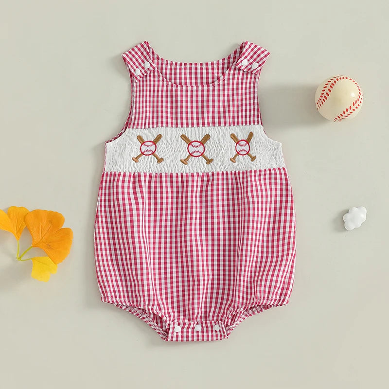 Front view of the red checked bubble romper from the "Ball Four" collection, showcasing embroidered baseball designs.