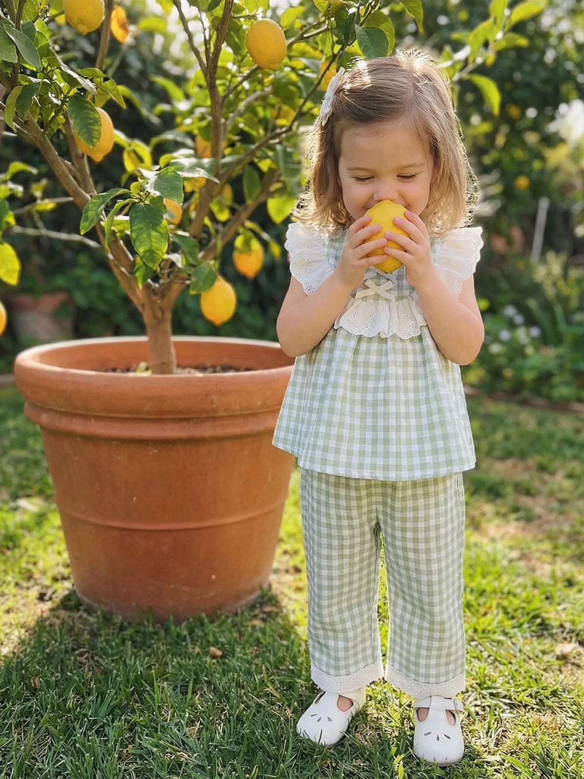 Royal Palm green Eyelet and Checks 2-Piece Pant Set for little girls with gingham top and matching pants