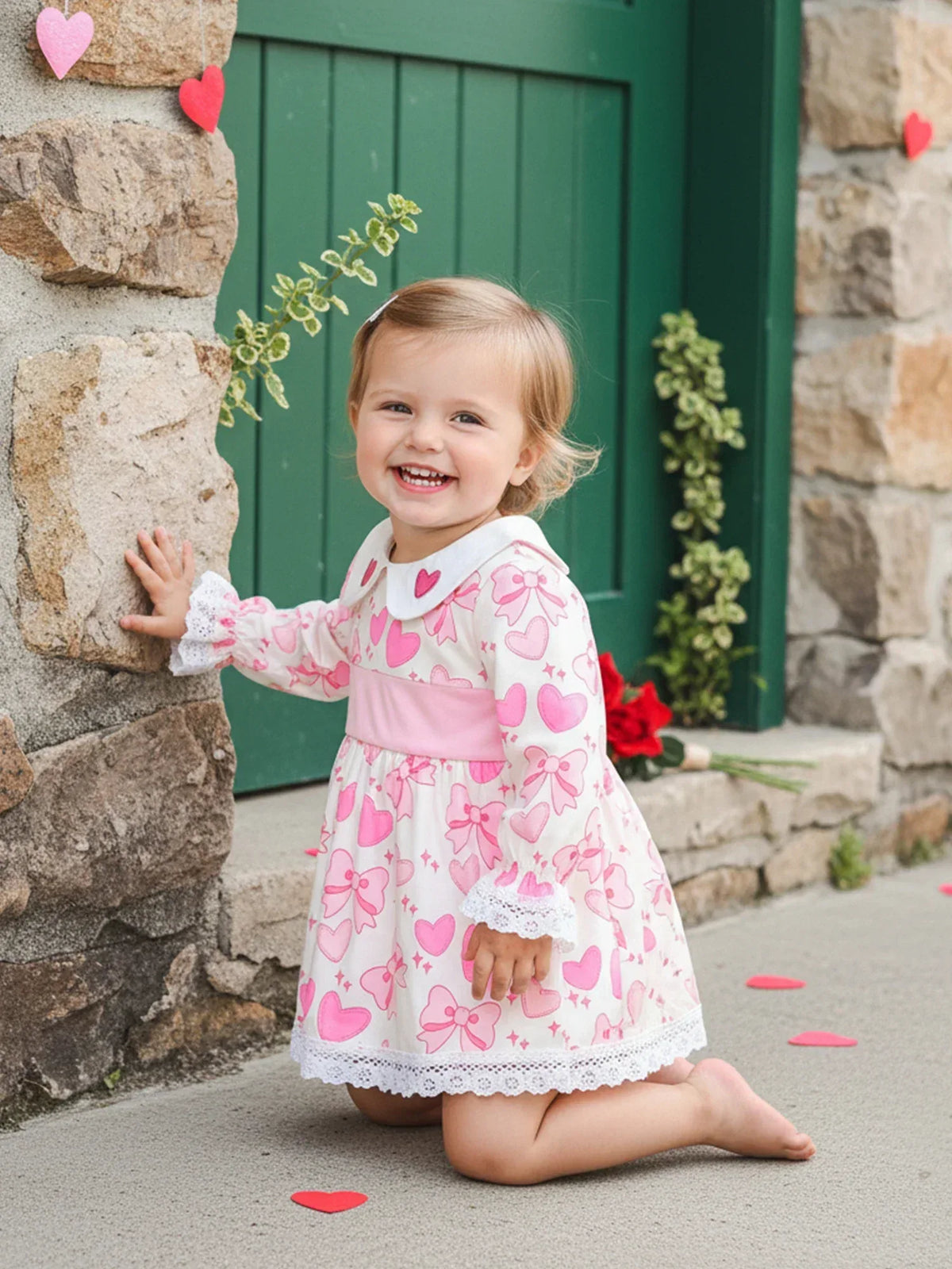 Little Hearts Baby Girl Heart Print Dress with Lace Trim - The Palm Beach Baby