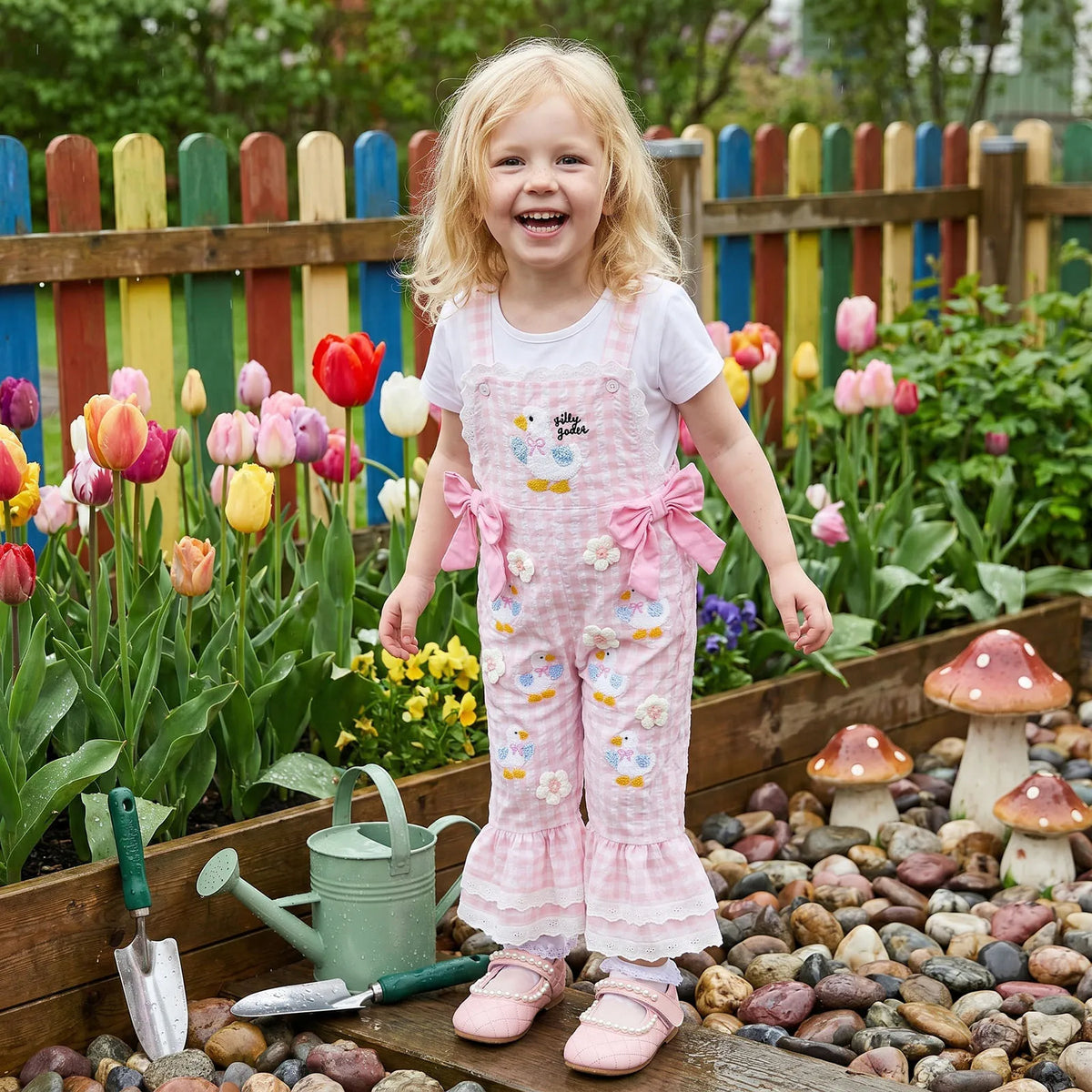 Child in a garden with colorful flowers and a rainbow fence
