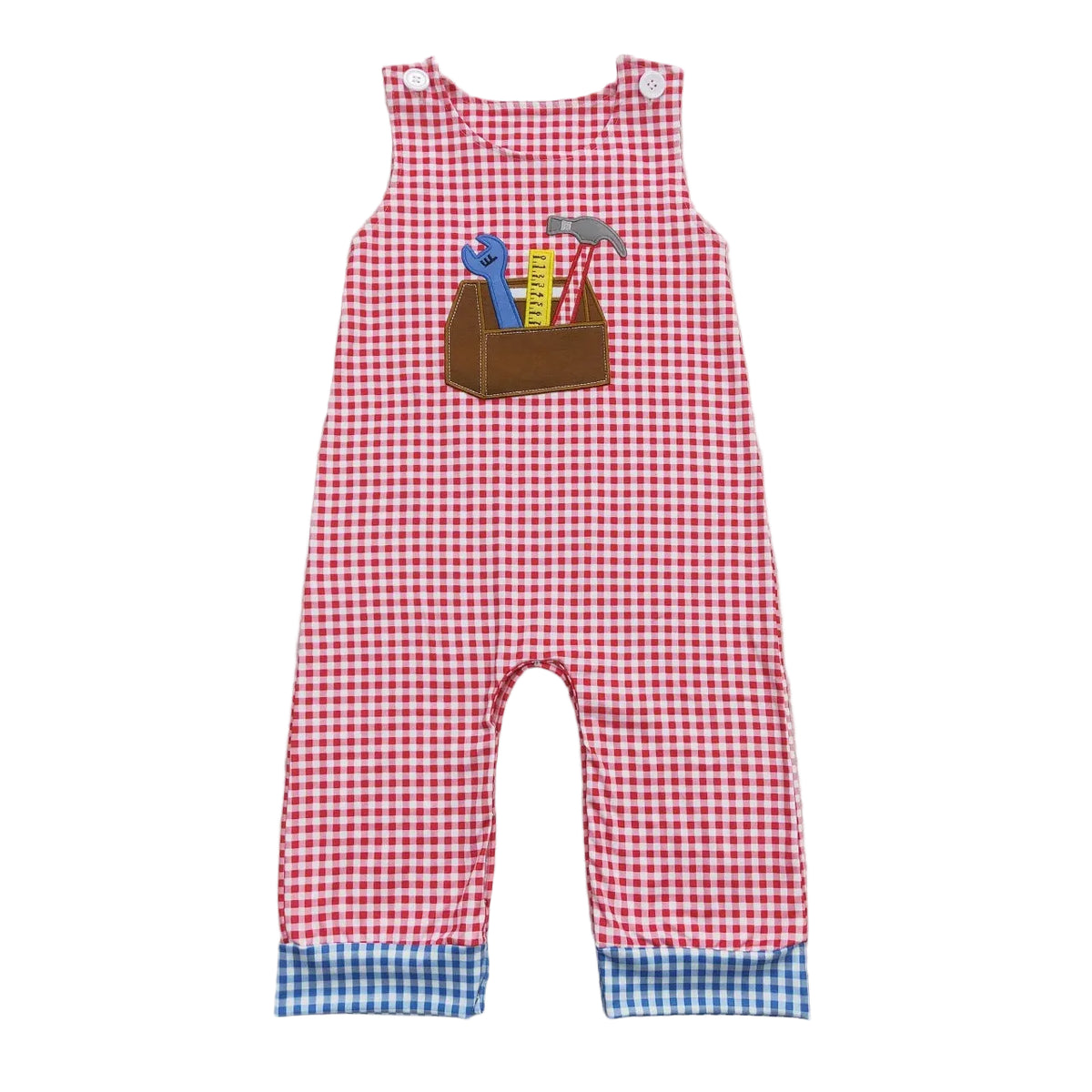 Red gingham romper for babies and toddlers with brown tool-pocket applique and blue cuffs.